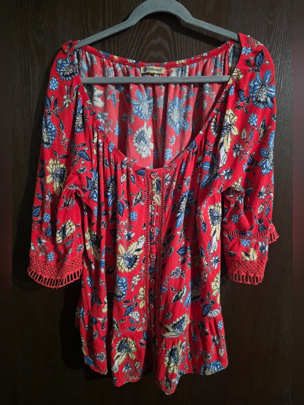 Democracy Red Floral Button-Front Peasant Blouse